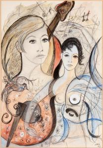 CARG Michele,"Visages de femmes en jaune rouge bleu etnoir",1971,Dogny Auction CH 2011-04-12