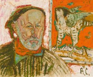 CARIGIET Alois 1902-1985,Selbstbildnis mit Falke,1971,Galerie Koller CH 2023-12-01