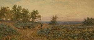 CARLISLE John 1866-1916,A lady and dog crossing a moor at sunset,1885,John Nicholson GB 2021-12-22