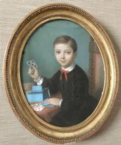 CARLONI A,Portrait de jeune garçon assis jouant avec des cartes,1866,Osenat FR 2021-02-28