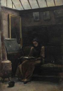 CARRON LEON 1800-1800,Vrouw, lezend in sofa, in atelier,Bernaerts BE 2013-10-21
