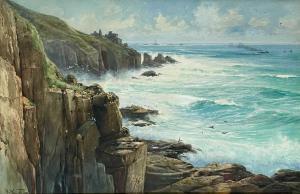 CARTER Richard Harry 1839-1911,Lands End, Longships Lighthouse from Sennen Cove,David Lay 2023-10-26