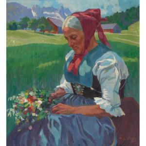 CASPER ULRICH Hans,Trachtenfrau mit Blumenstrauss vor Alplandschaft,Dobiaschofsky 2017-05-10