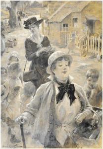 CASTAIGNE Jean André,Rue animée, femme au panier, élégante et enfants,1910,Ruellan 2017-07-27