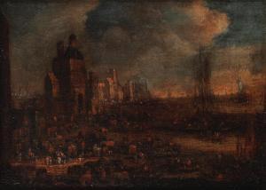 CASTEELS Pieter II 1673-1700,A busy harbour with shipping at anchor in the bay,Bonhams GB 2022-04-12
