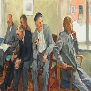 CELSING Elsa Backlund 1880-1974,Elderly gentlemen in a waiting room,Bruun Rasmussen DK 2014-10-20