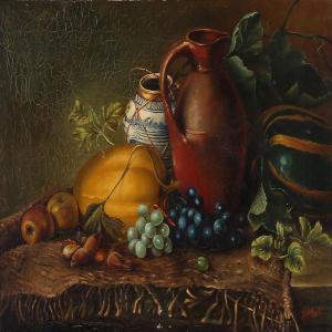 CERRITO Lucie,Still life with pumpkins, fruit and jug on a table,Bruun Rasmussen 2011-10-10