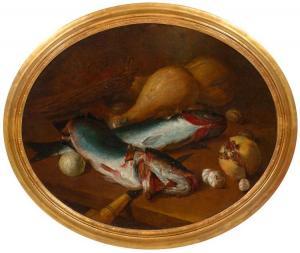 CERUTI Giacomo Antonio Melchiorre 1698-1767,Still life with fish, squash, garlic and,Galerie Koller 2018-03-23