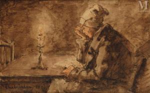 CHABRILLAC Charles Raymond 1804,Homme lisant à la lumière d\’une chande,1825,Millon & Associés 2023-11-23