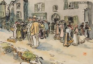 CHADEL Jules 1870-1942,Place du marché animée en Auvergne,Art Valorem FR 2024-01-15