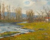 CHALEYE JOANNES 1878-1960,Flussuferpartie mit Pappeln und Häusern,Dobiaschofsky CH 2010-11-10