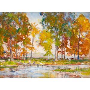 CHALLENER Frederick Sproston 1869-1959,FOOT BRIDGE ON THE GRAND RIVER, CONESTOGO,,1952,Waddington's 2025-06-26