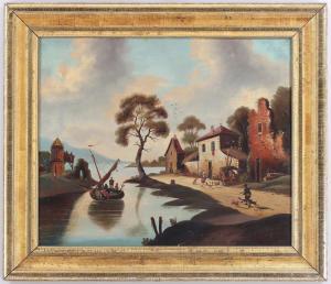 CHAMBERS Thomas 1808-1869,riverside village with figures,South Bay US 2024-01-31
