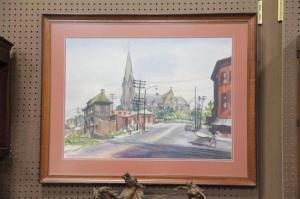 CHAPMAN WALTER 1900-1900,Urban street scene with a church spire and houses,Garth's US 2012-02-03