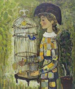 CHAPUT Roger 1909-1995,Arlequin à la cage d'oiseaux,1966,Marambat-Camper FR 2021-05-27