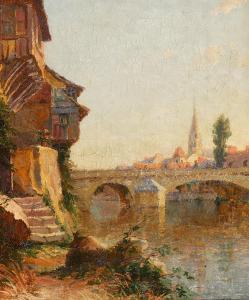 CHARASSON Eugène 1800-1900,Stadt mit steinerner Bogenbrücke und Kirche,Leo Spik DE 2015-10-08