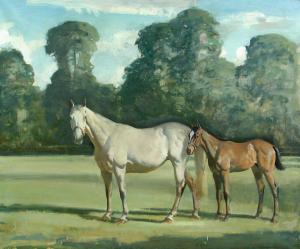 Charles Church 1970,Grey mare with her bay foal in a landscape,Cheffins GB 2018-03-07