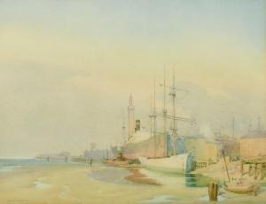 CHARLTON Watson 1900-1900,Shipping in a dock with a minaret beyond,John Nicholson GB 2021-12-22