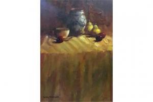 CHARNOCK Lesley 1952,STILL LIFE WITH VASE, TEACUP, PEARS AND PLUM,Stephan Welz ZA 2015-10-19