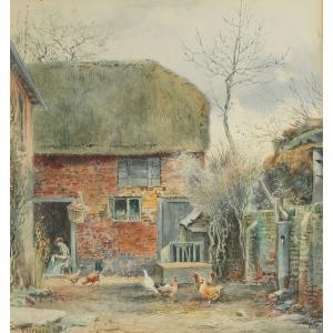 CHASE Frank M. 1843-1898,CHICKENS IN A COTTAGE YARD,Waddington's CA 2007-11-27