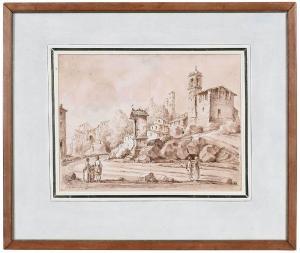 CHATELAIN Jean Baptiste Claude,Town with Figures with Shrine to St. Rocco,Brunk Auctions 2021-10-22