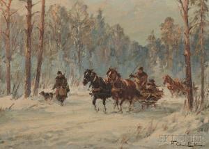 CHEMIELINSKI Wladyslaw T 1895,Horse-drawn Sleigh with Hunter and Dog,Skinner US 2015-04-02