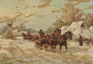 CHEMIELINSKI Wladyslaw T 1895,Horse-drawn Sleighs in a Winter Village Landscape,Skinner 2014-09-19