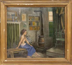 CHENEY Harold W 1889-1946,A topless woman warming up by a stove,1933,Eldred's US 2020-05-15