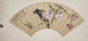 CHENG ZHU 1826-1900,Fan painting depicting a bird on flowering branches,1893,Nagel DE 2021-12-07