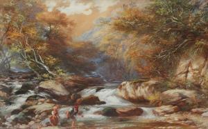 CHILDS George 1800-1875,Three children playing with a dog by some rapids,Woolley & Wallis 2020-09-08