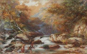 CHILDS George 1800-1875,Three children playing with a dog by some rapids,Woolley & Wallis 2020-03-04
