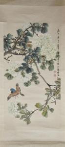 CHINE TIBET,un oiseau survolant des hortensias,Pescheteau-Badin FR 2019-10-06