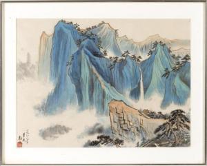 CHINESE SCHOOL,A mountain landscape rendered in blues,Eldred's US 2017-12-01