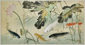 CHINESE SCHOOL,Swimming carp in a lotus pond with leafy foliage,Chait US 2015-08-02