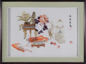 CHINESE SCHOOL,Table scene with prawns, vessels and flowers,Charlton Hall US 2017-11-01