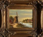 CHOICE J,Dutch river view with windmill and figures,20th century,Twents Veilinghuis NL 2021-07-08