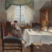 CHRISTENSEN Emilie 1872-1922,Living room with a woman sewing,1918,Bruun Rasmussen DK 2012-06-11