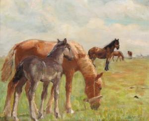 CHRISTIANSEN Søren 1858-1937,Grazing horses in the field,Bruun Rasmussen DK 2018-06-11