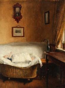 CHRISTIANSEN Søren,Interior from a bedroom with children in a cradle,1890,Bruun Rasmussen 2022-02-21