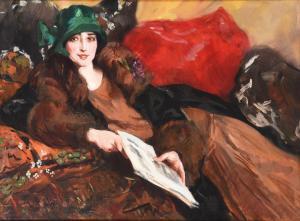CHRISTOPHERSEN Alejandro 1866-1946,PORTRAIT OF A LADY IN A GREEN HAT HOLDING,Dreweatts GB 2023-03-02