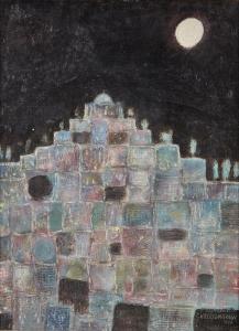 CHRISTOPHERSON John 1921-1996,Temple on old wall with climbing moon,1959,Rosebery's GB 2023-11-29
