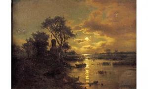 CHWALA Adolf 1836-1900,paysage au moulin et clair de lune,Mercier & Cie FR 2002-03-10