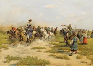 CIEMNIEWSKI Adam Kazimierz 1866-1915,Riders Arriving at a Village,1892,Palais Dorotheum 2021-05-06