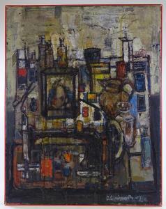 CLAIRMONTE Christopher 1932-2012,abstract interior with sewing machine and ,1957,Burstow and Hewett 2018-10-18