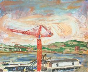 CLAPHAM Peter 1924,dockside scene with a tall red construction crane ,888auctions CA 2020-11-19