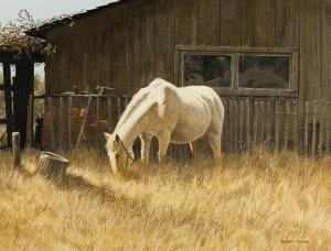 Clark Robert 1920-1997,Edge of Town, white horse near a barn,John Moran Auctioneers US 2018-03-12