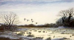 CLARKE F 1800-1800,Ducks in Flight over an Estuary in Winter,Keys GB 2011-12-09