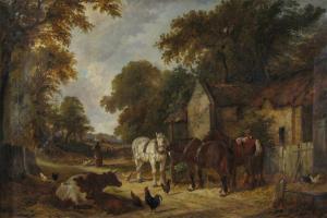 Clarke James Stainer,Farmyard scene with horses and chickens,Woolley & Wallis GB 2009-03-25
