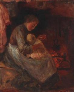 CLAUSEN Christian,A mother feeds a child in the light of the fire,1893,Bruun Rasmussen 2017-08-28
