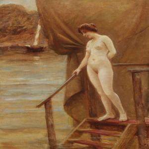 CLAUSEN Christian Valdemar 1862-1911,A nude woman on a jetty,Bruun Rasmussen DK 2013-02-18